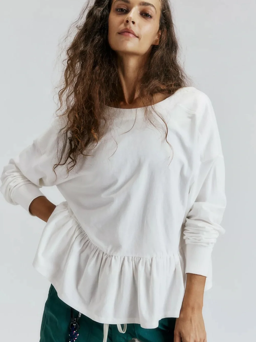 Free People Play Nice Layer Green Ruffle-Hem Pullover, Size Small, NWT